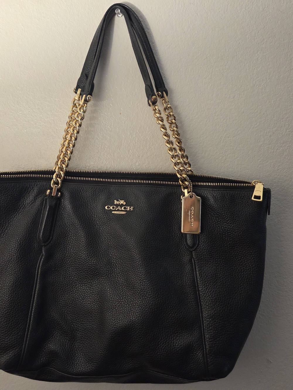 Coach Black Pebbled Leather Tote with Gold Chain Straps